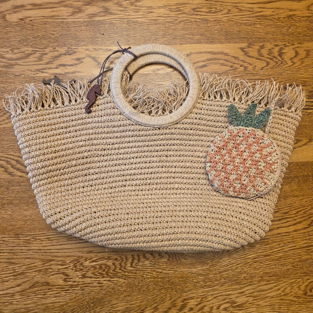 2pc Liz Claiborne Woven Straw Tote Bag Pineapple Fringed Beach Resort Coin Purse